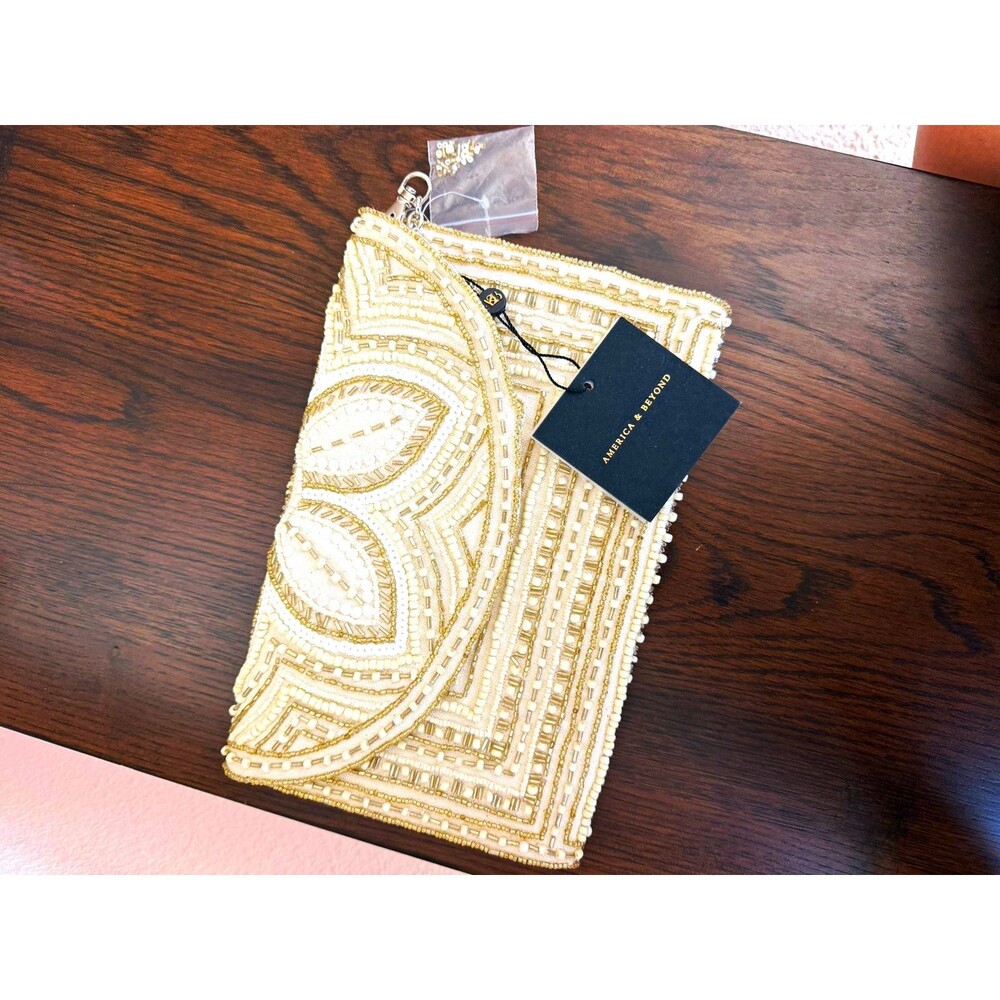 America & Beyond Floral Beaded Sequin Clutch Ivory/Gold Snap Chain Strap